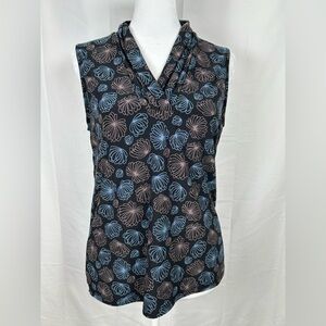 Anne Klein Sleeveless Pleated V-Neck Blouse Size Small Blue Mock Twist Neck